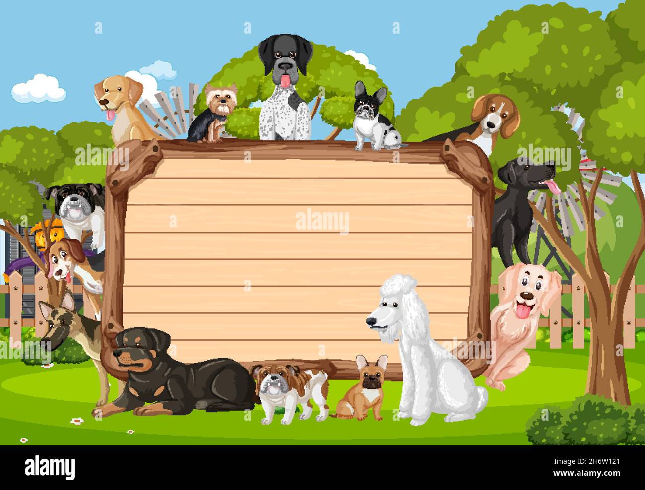 Empty wooden board with various breeds of dogs in the park illustration Stock Vector