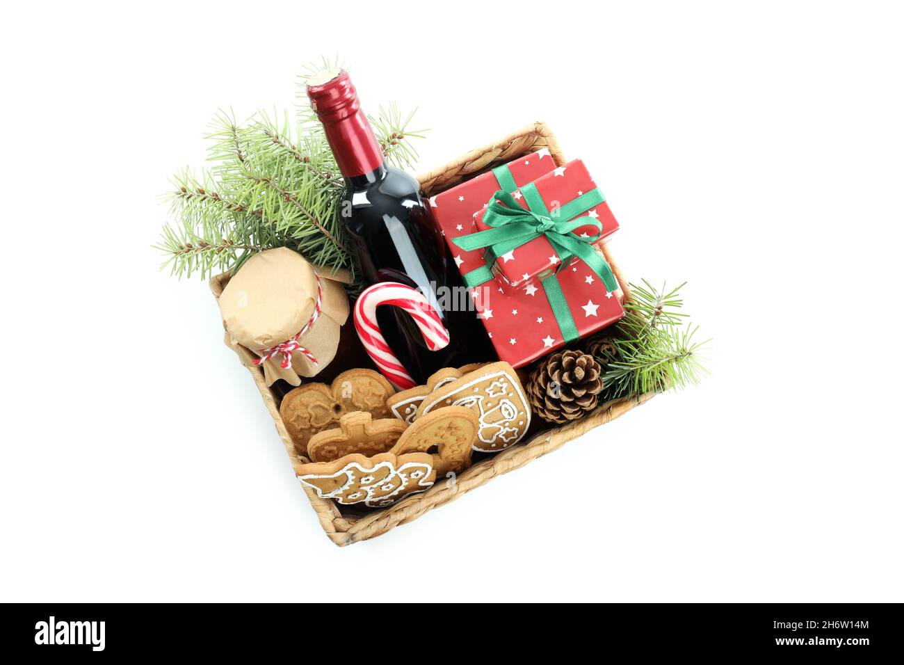 Concept of gift with Christmas basket isolated on white background ...