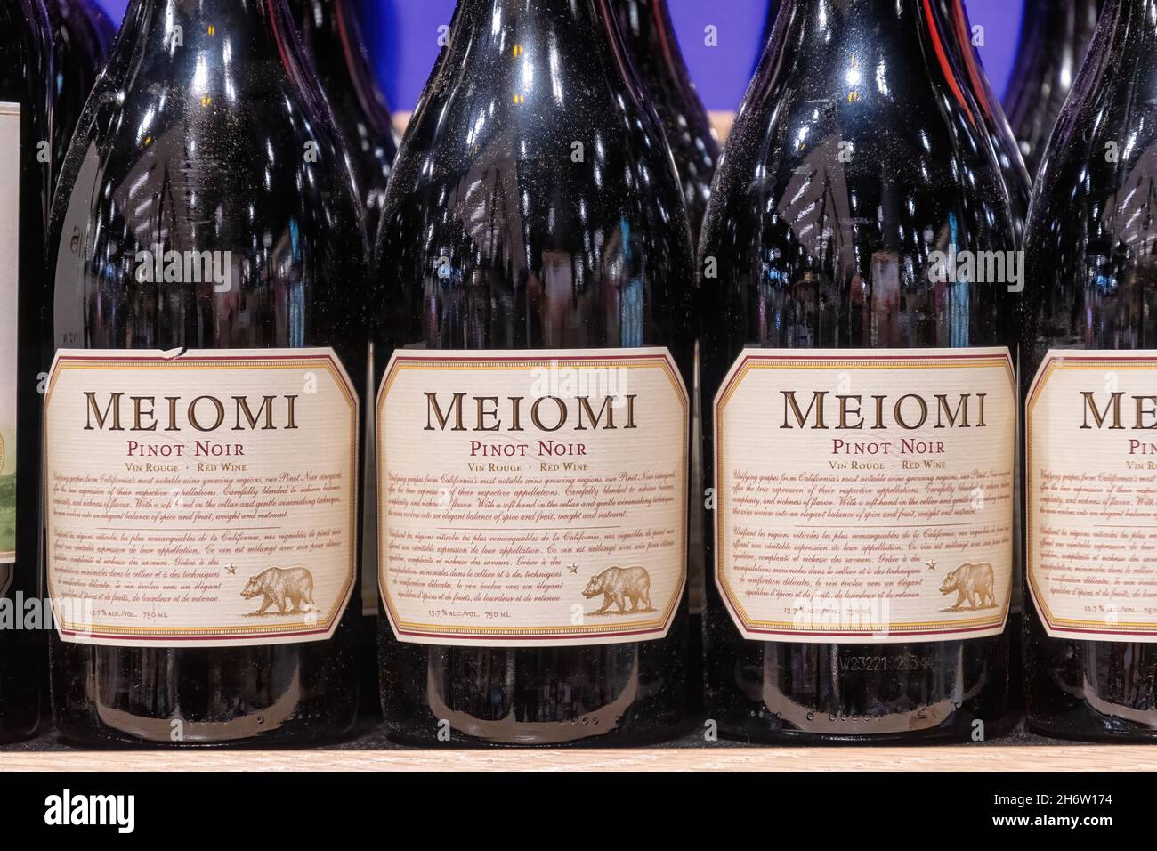 Bottles of Meiomi Pinot Noir red wine in a shelf of an LCBO store.Nov. 18, 2021 Stock Photo