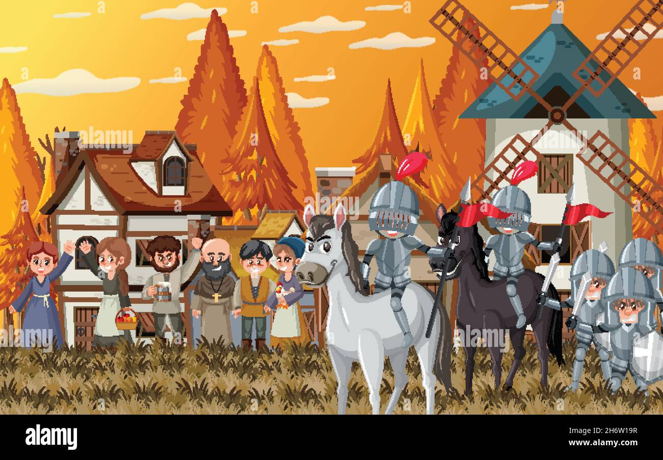 Medieval town at sunset time scene with villagers and soldier ...