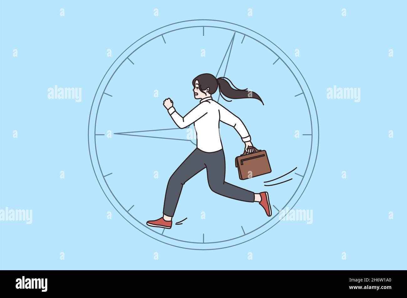 Overwork exhaustion and endless run concept. Tired young business woman worker running in circle feeling exhausted and stressed vector illustration  Stock Vector