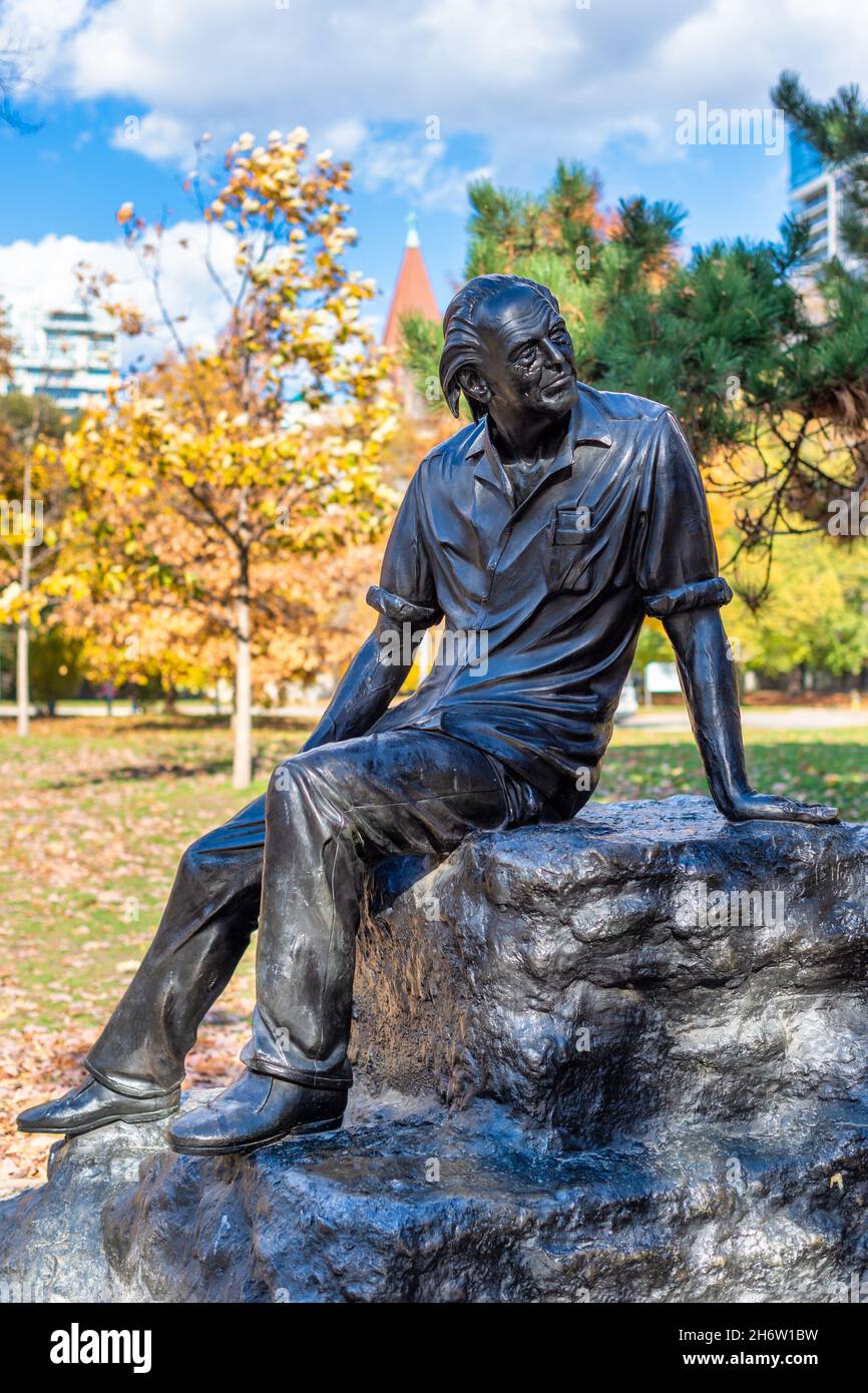 Sculpture or statue of Al Purdy (poet) in the grounds of Queen's Park in the downtown district.Nov. 18, 2021 Stock Photo