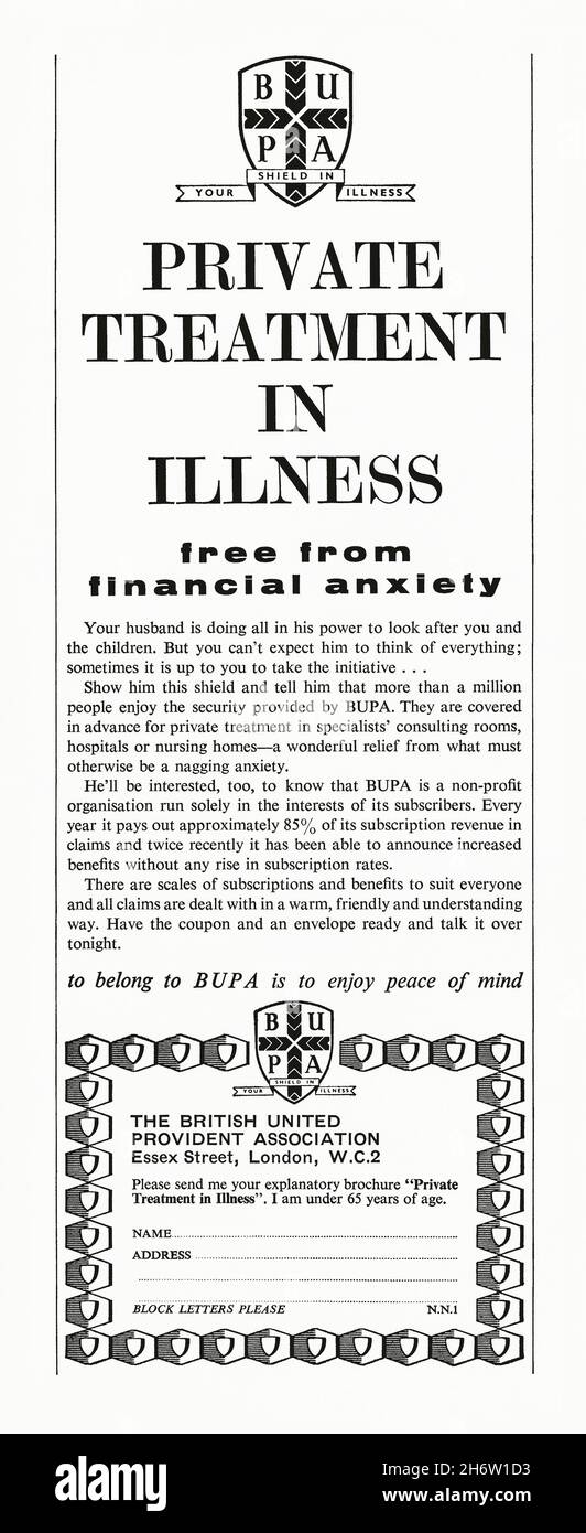 A 1960s advert for BUPA. The advert appeared in a magazine published in the UK in March 1965. The advert is aimed at women whose husbands are the family breadwinner – a stance that would be politically incorrect these days. Bupa is an international health insurance and healthcare group with over 31 million customers worldwide. Bupa's origins and global headquarters are in the UK. Bupa (originally the British United Provident Association) was established in 1947 when seventeen British provident associations joined to provide healthcare for the general public – vintage 1960s graphics. Stock Photo