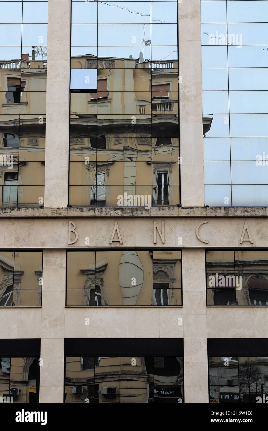 Bank building with mirrors on the facade Stock Photo