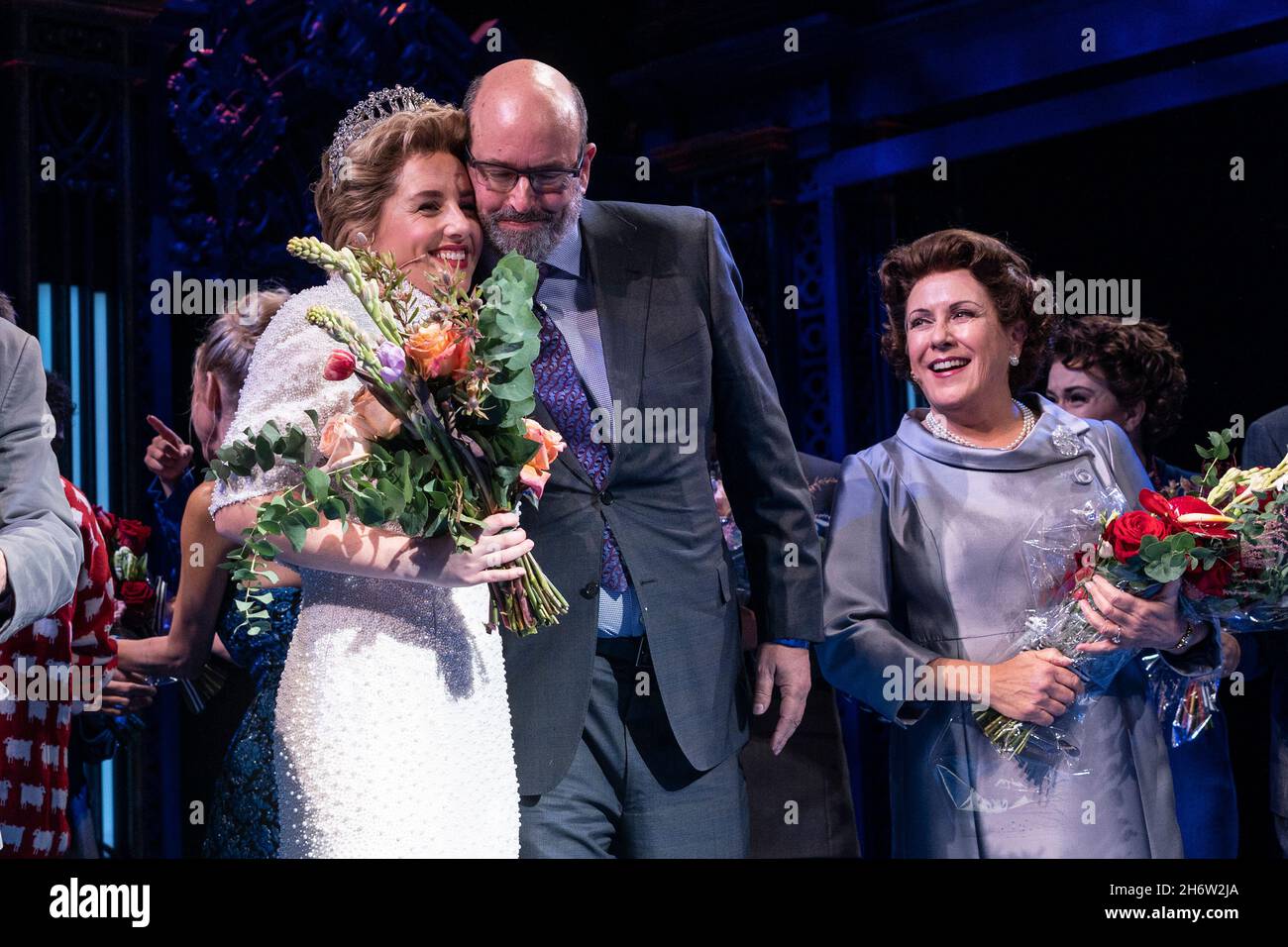 New York, USA. 17th Nov, 2021. Jeanna de Waal as Diana, director Christopher Ashley and Judy Kaye as Queen Elizabeth on stage during curtain call on premiere of Diana the Musical on Broadway at Longacre Theatre in New York on November 17, 2021. (Photo by Lev Radin/Sipa USA) Credit: Sipa USA/Alamy Live News Stock Photo