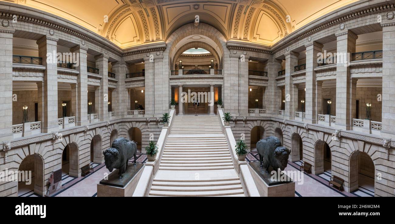 Interior of the Legislative Assembly of Manitoba. The statues of solid bronze bisons Stock Photo