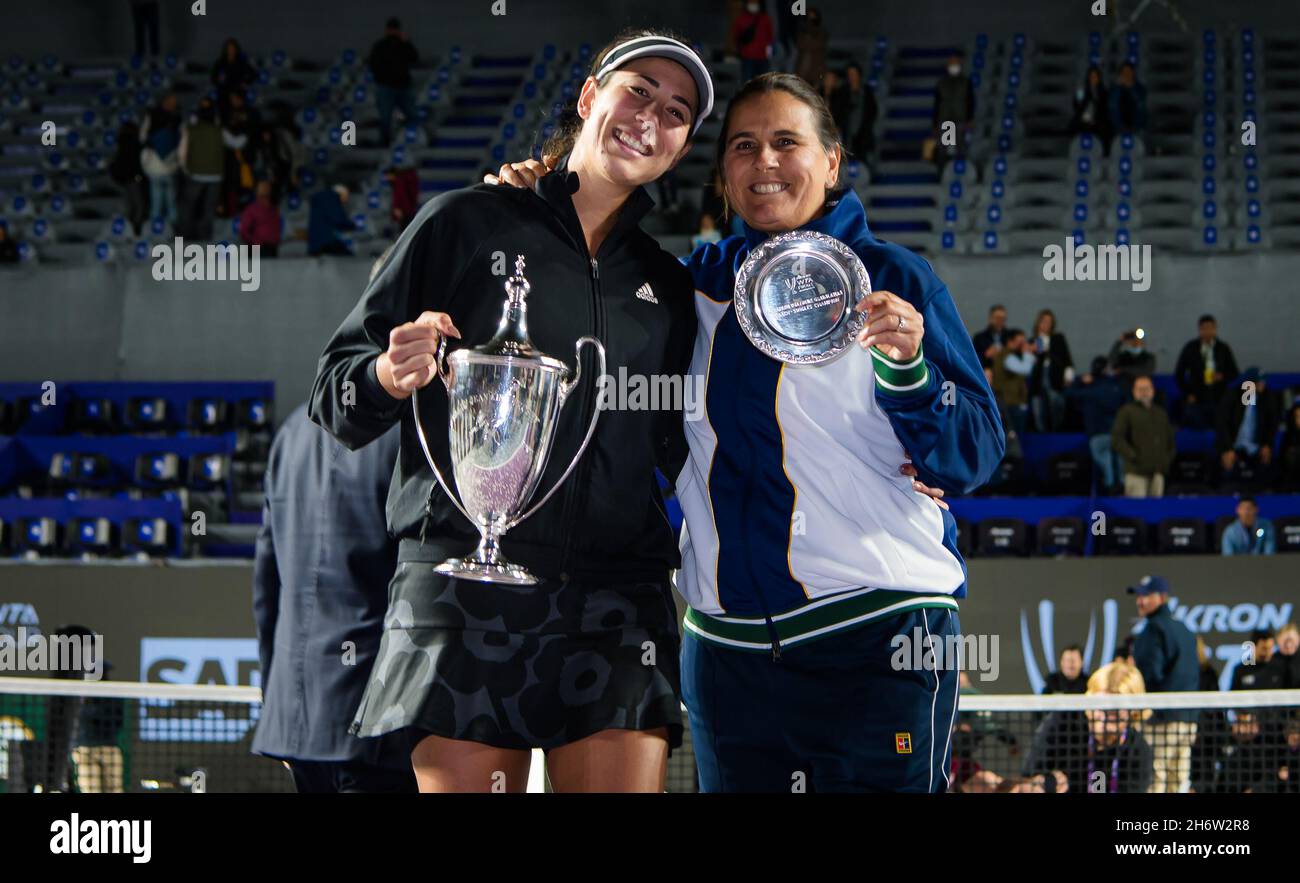 Garbine Muguruza of Spain with coach Conchita Martinez after winning the final against Anett Kontaveit of Estonia of the 2021 Akron WTA Finals Guadalajara, Masters WTA tennis tournament on November 17, 2021 in Guadalajara, Mexico - Photo: Rob Prange/DPPI/LiveMedia Stock Photo
