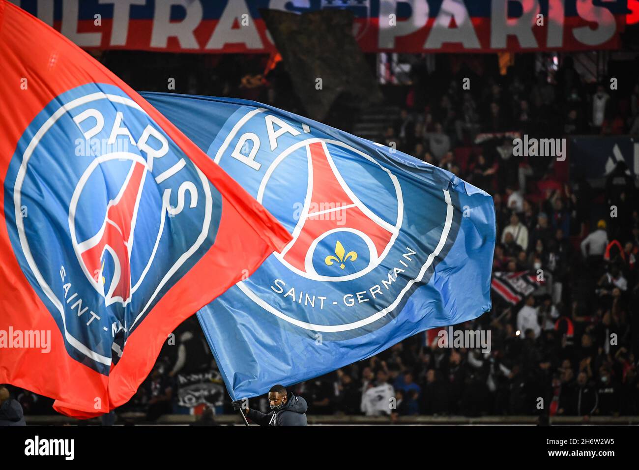 Illustration of the official flags of PSG and supporters during the French  championship Ligue 1 football match between Paris Saint-Germain and SCO  Angers on October 15, 2021 at Parc des Princes stadium