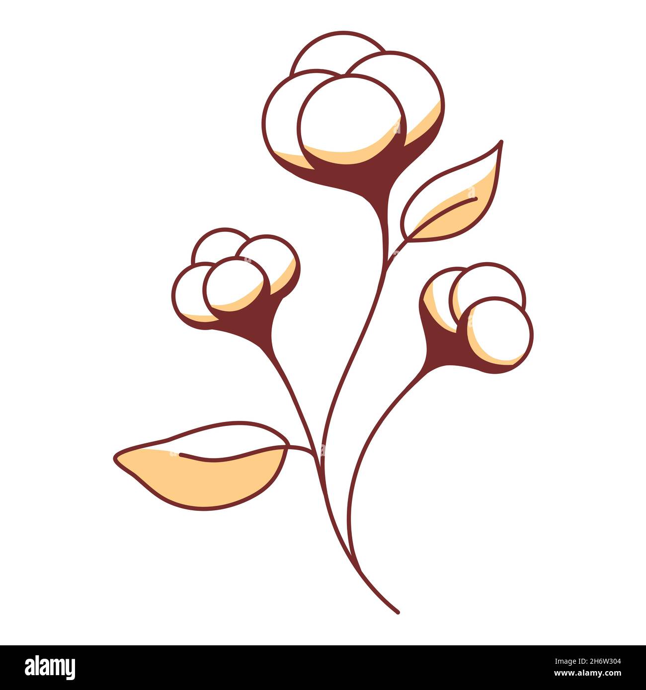 Cotton twig with boll, brown beige organic shape ripe cotton isolated plant vector illustration Stock Vector