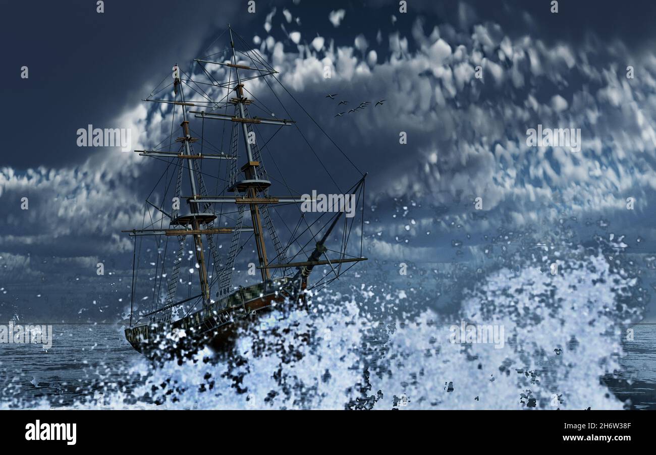 A Spanish Brig Sailing Through A Storm Stock Photo