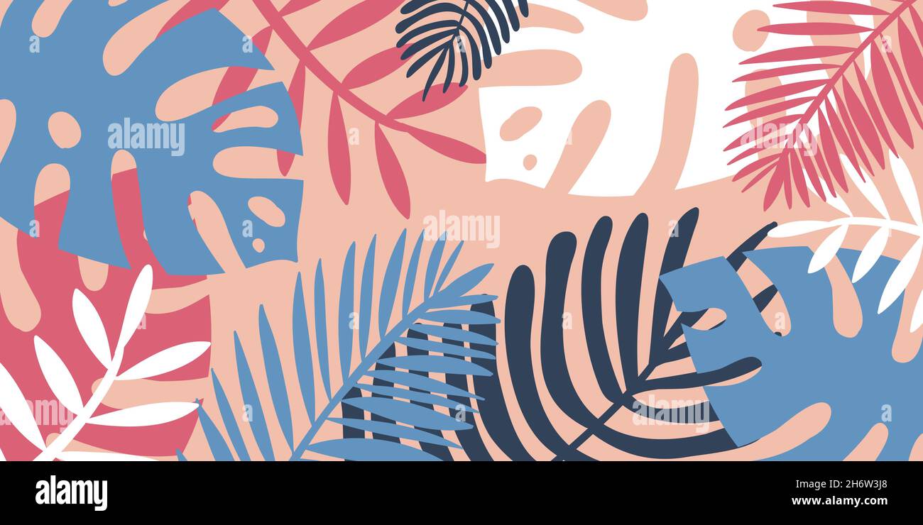 Tropical background, close-up of monstera palm leaf poster leaflet for design. Composition of pink blue tropical leaves Stock Vector