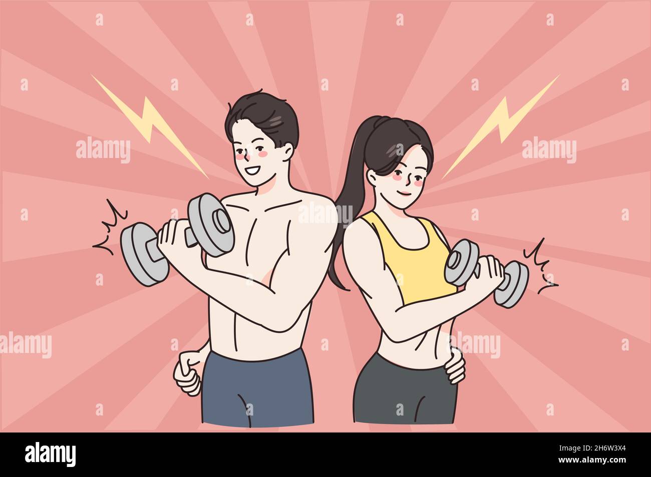 Sporty active lifestyle and workout concept. Young positive couple man and woman standing wearing sportswear holding dumbbels during training vector illustration  Stock Vector