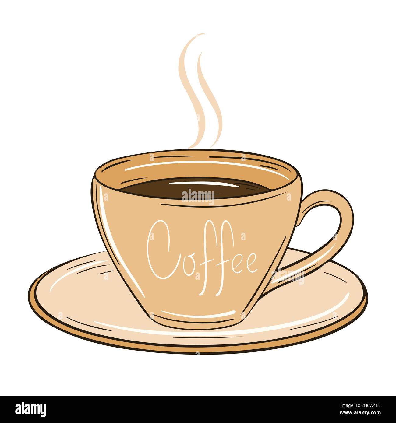 Cup with fresh coffee, isolated object. Hot morning drink, hand drawing.  Mug with dark coffee on a saucer, vector illustration Stock Vector Image &  Art - Alamy