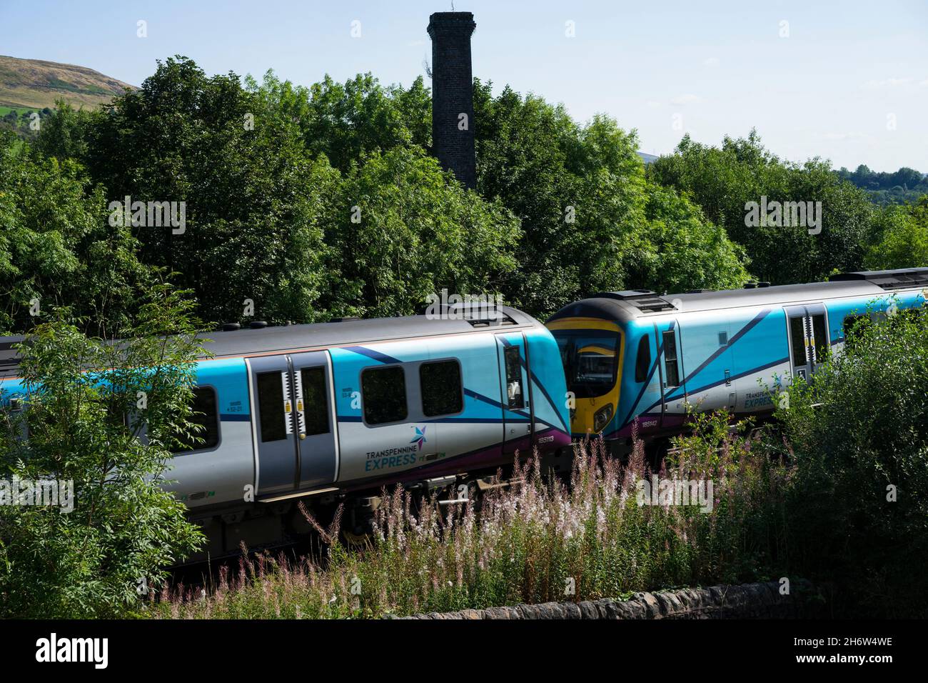 Trans-Pennine Express going through a wooded area near Crasscroft, Oldham, Saddleworth, Greater Manchester, England, UK. Stock Photo