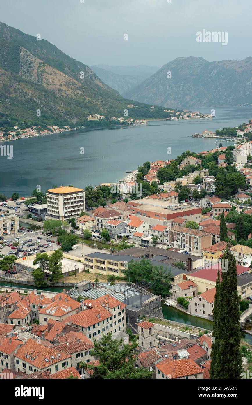 View of Kotor and the bay from the walls of Old town, Bay of Kotor is the southernmost fjord in Europe. Kotor, Montenegro Stock Photo