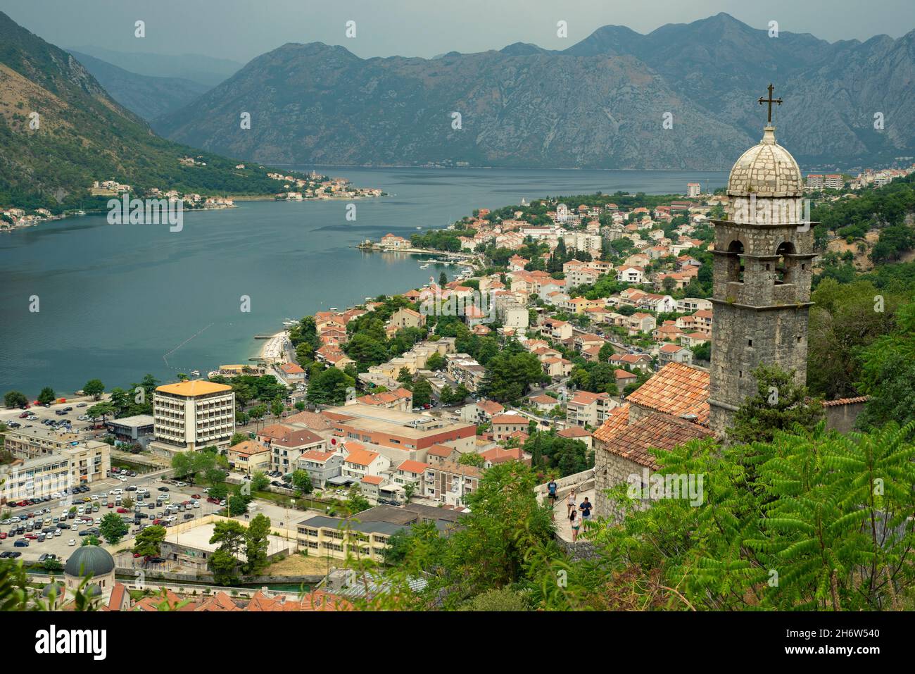 View of Kotor and the bay from the walls of Old town, Bay of Kotor is the southernmost fjord in Europe. Kotor, Montenegro Stock Photo