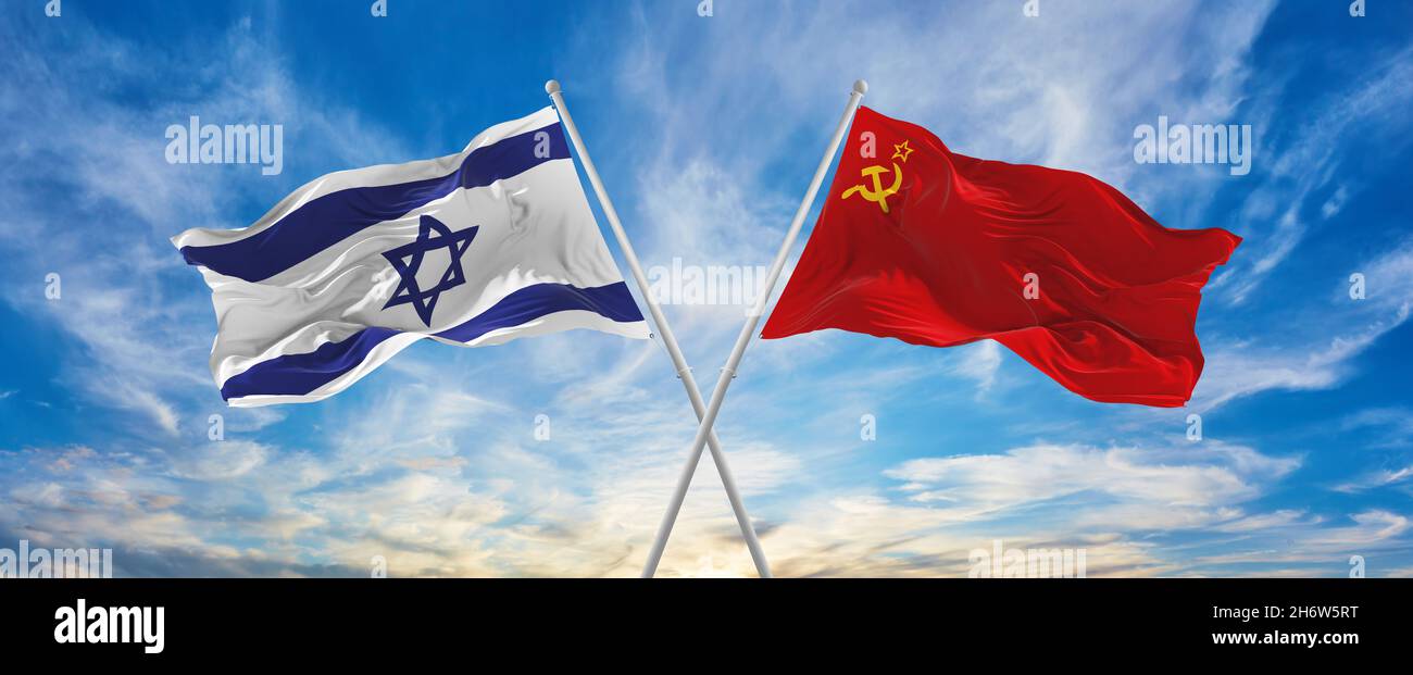crossed national flags of Israel and ussr flag waving in the wind at cloudy  sky. Symbolizing relationship, dialog, travelling between two countries. C  Stock Photo - Alamy
