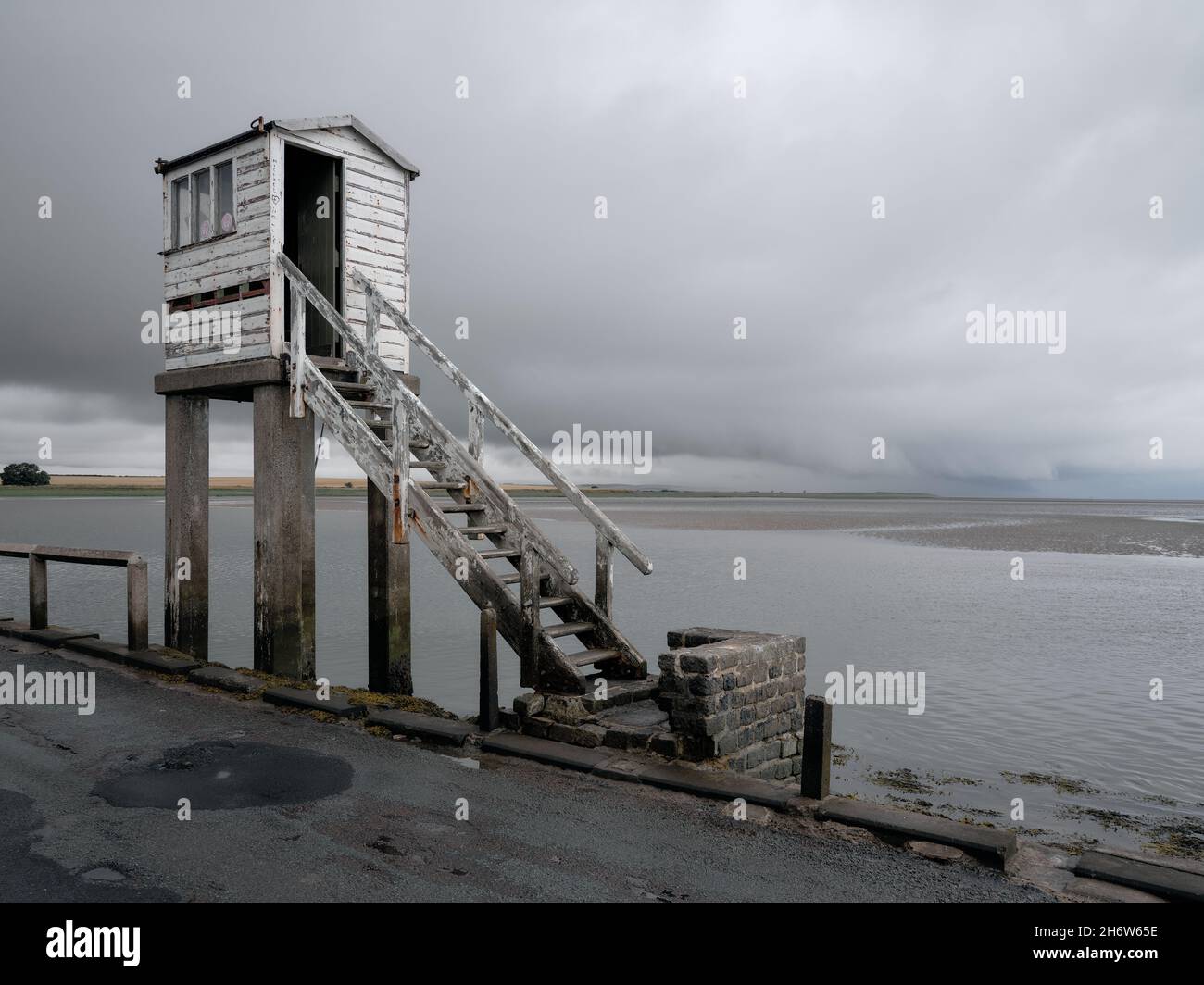 The tall standing safe refuge on Lindisfarne Causeway a tidal causeway linking Holy Island of Lindisfarne with mainland of Northumberland England UK Stock Photo