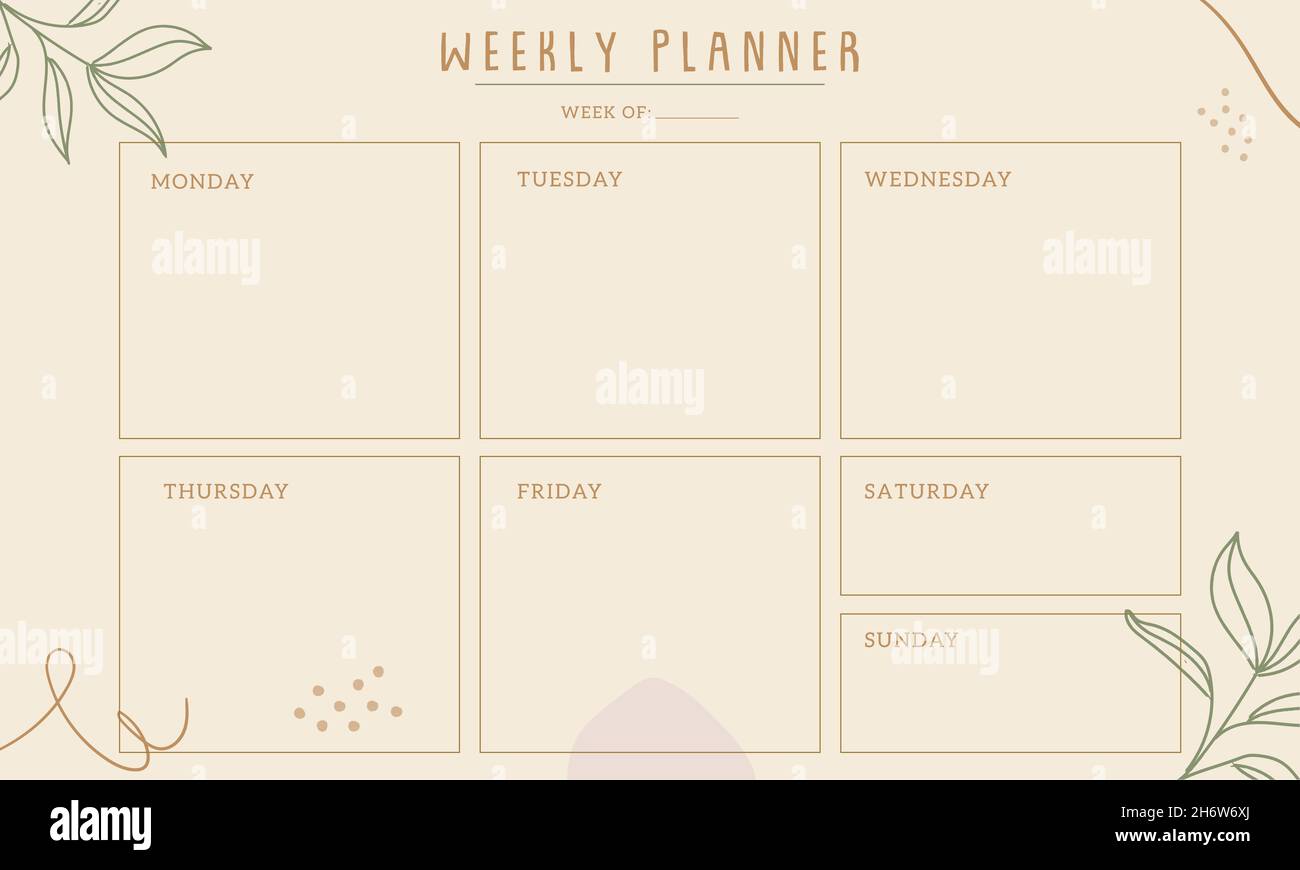 Weekly planner with abstract pattern design, vector. Modern design with stationery organizer for daily plans, floral vector weekly planner template, s Stock Vector