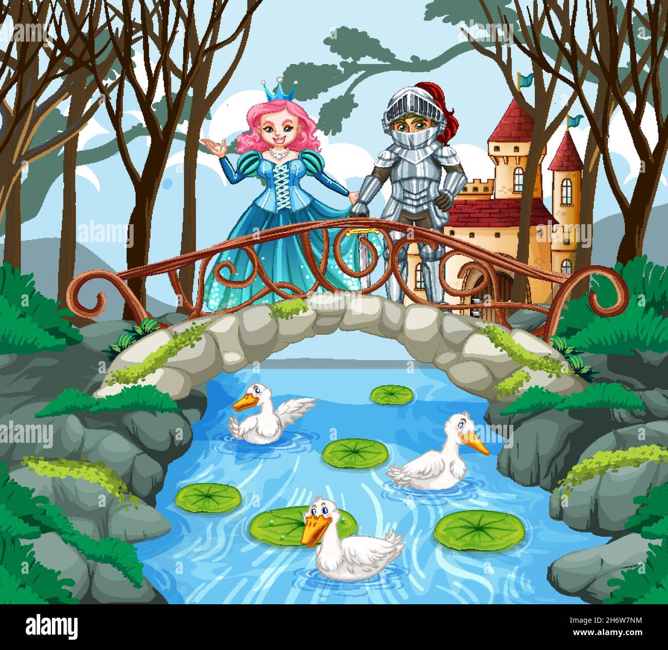 Princess and knight in enchanted garden background illustration Stock ...