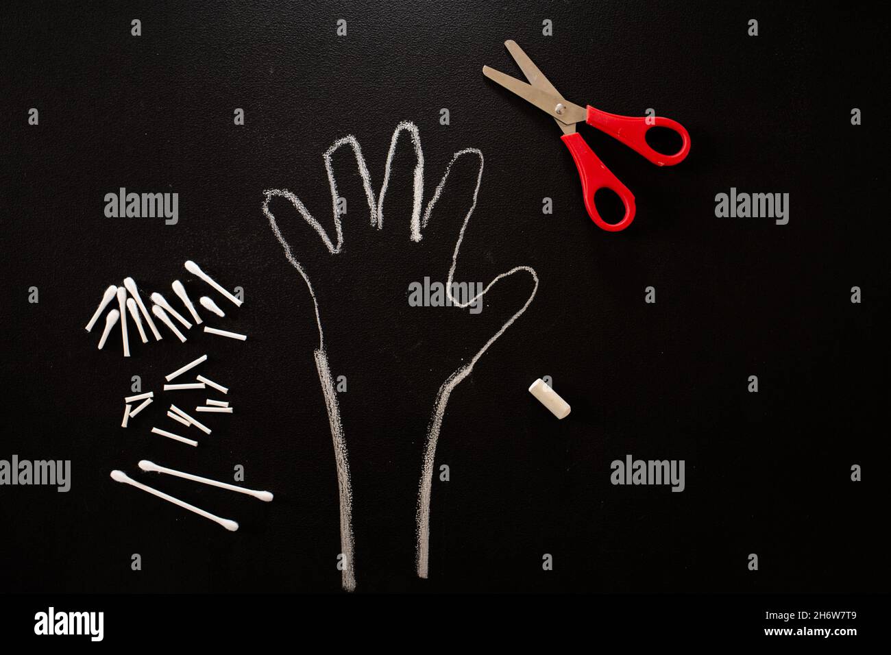 DIY haloween craft, cotton swab skeleton art project, tutorial, step 1 Stock Photo Alamy