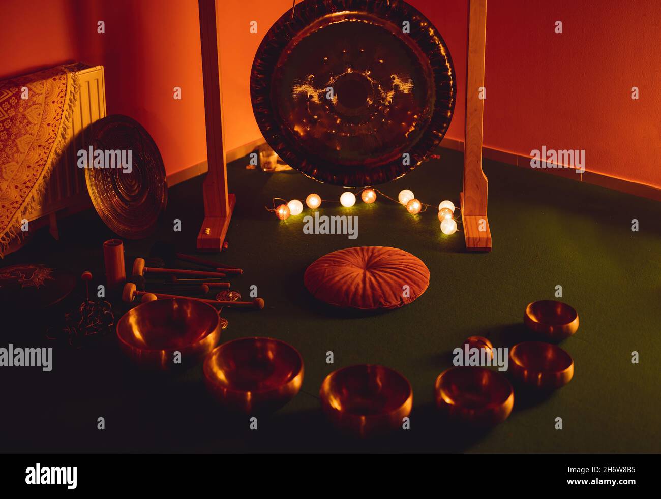 beautiful tibetan bowl and gong , ceremonial space Stock Photo Alamy