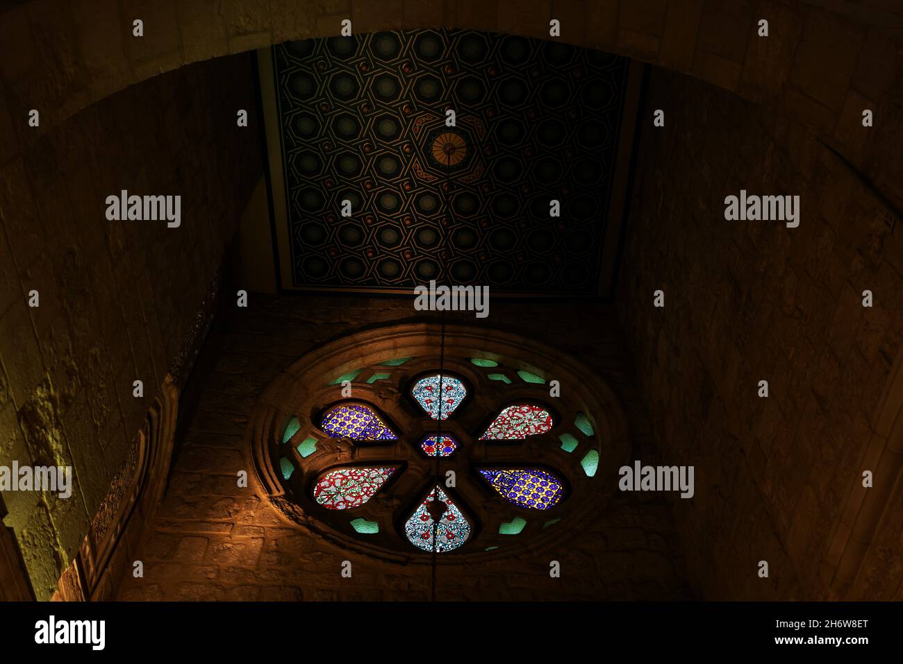 Stainedglass windows are seen inside AlAqsa Mosque on the compound
