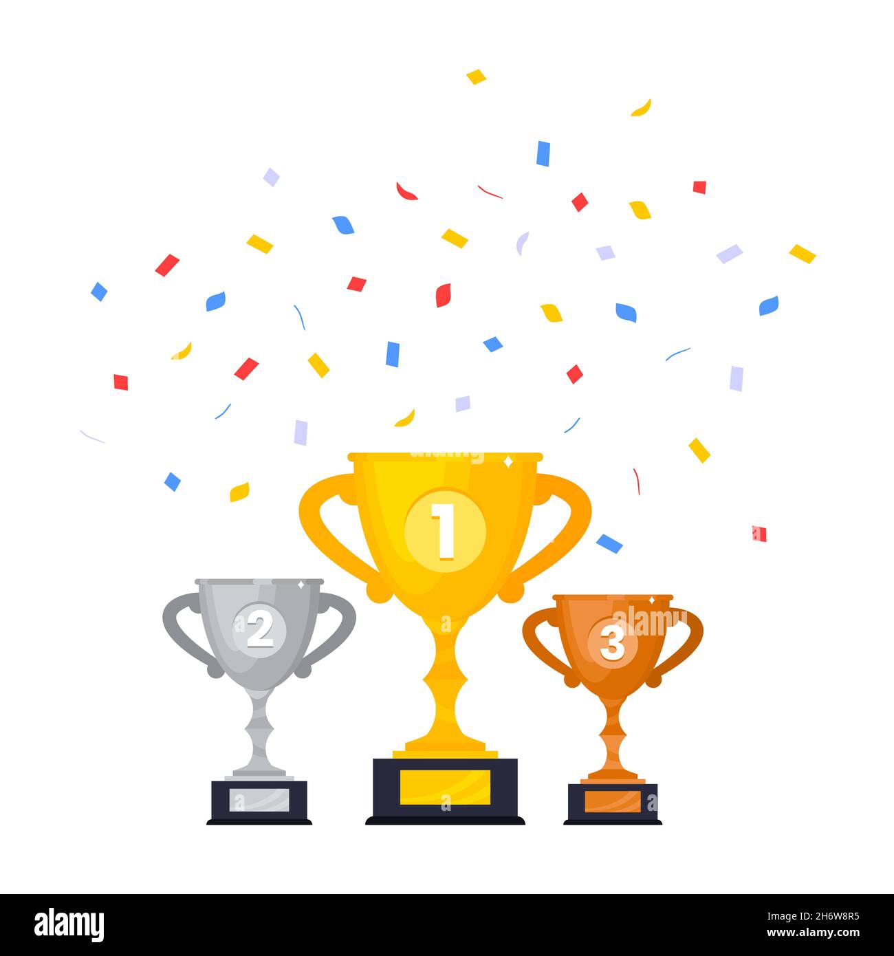 Gold, silver and bronze award trophy goblet cup icon sign flat style