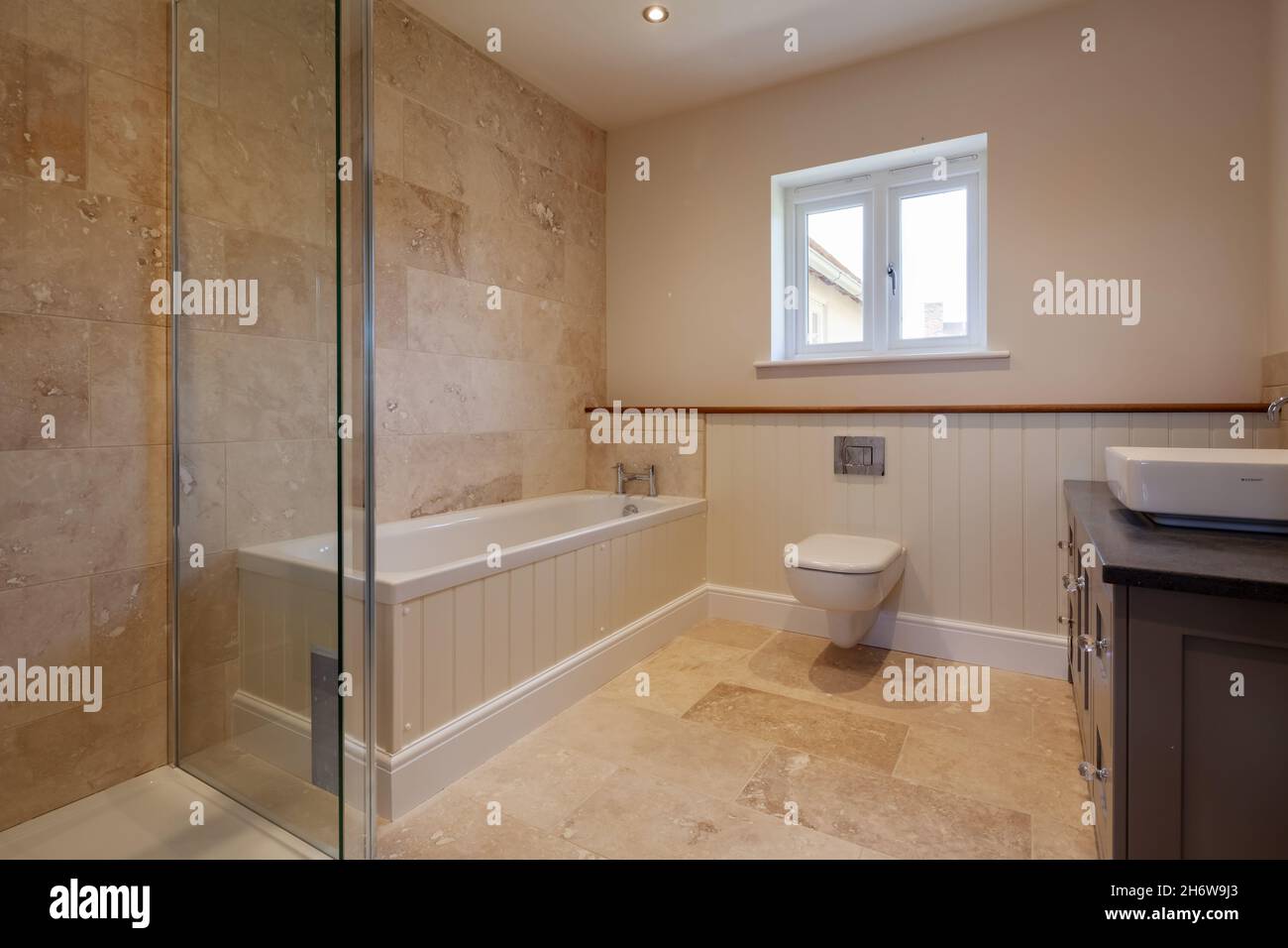 Newmarket, Suffolk, England September 23 2019 New fitted bathroom in British family home with