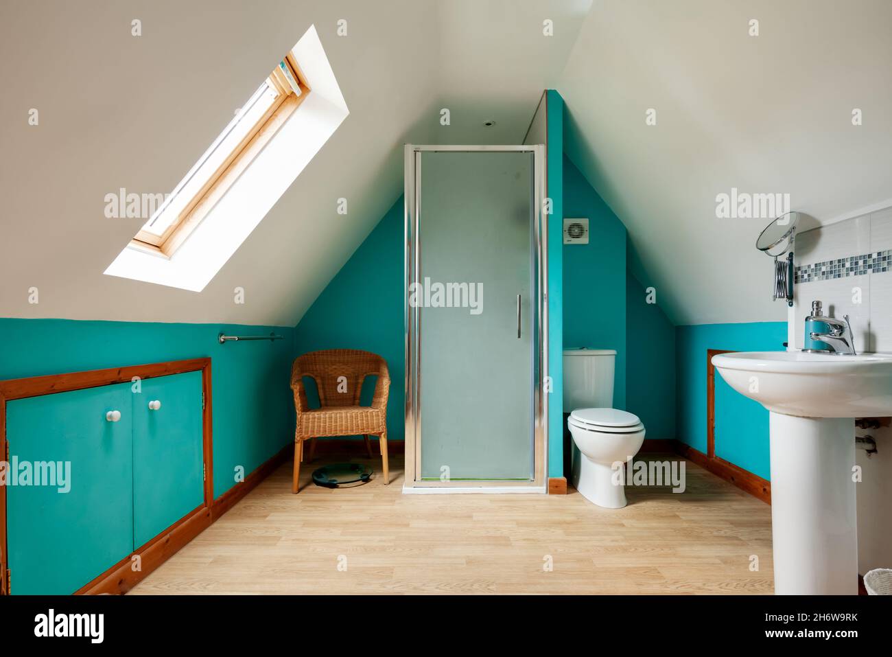 Kedington, Suffolk, November 19 2019 Shower room with steeply sloping