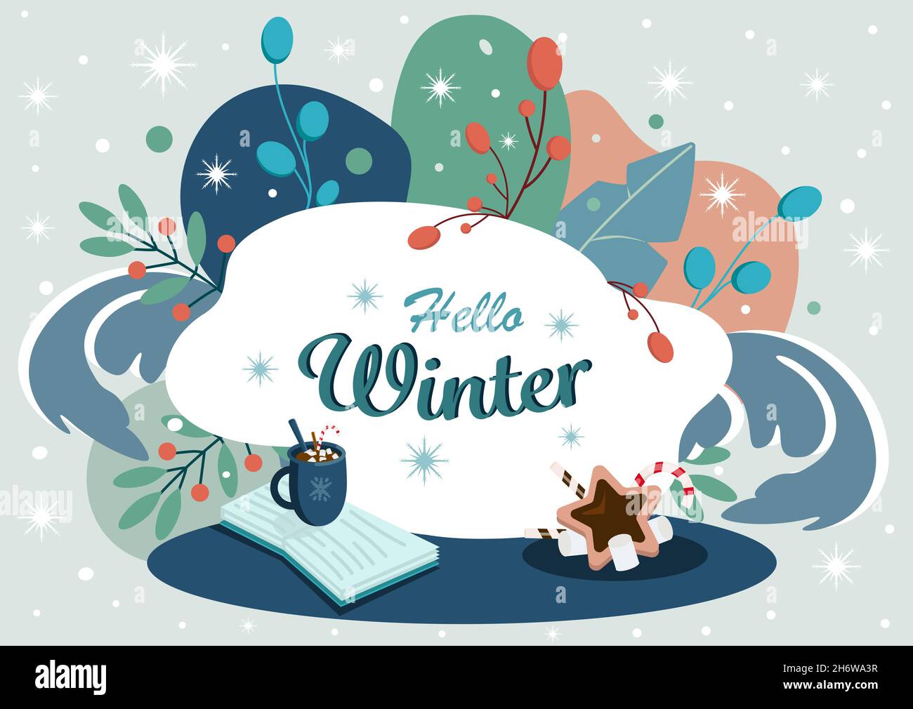 Colorful winter background with snowflakes, a cup of cocoa or coffee, sweets and a book. Hello winter concept. Vector illustration. Stock Vector