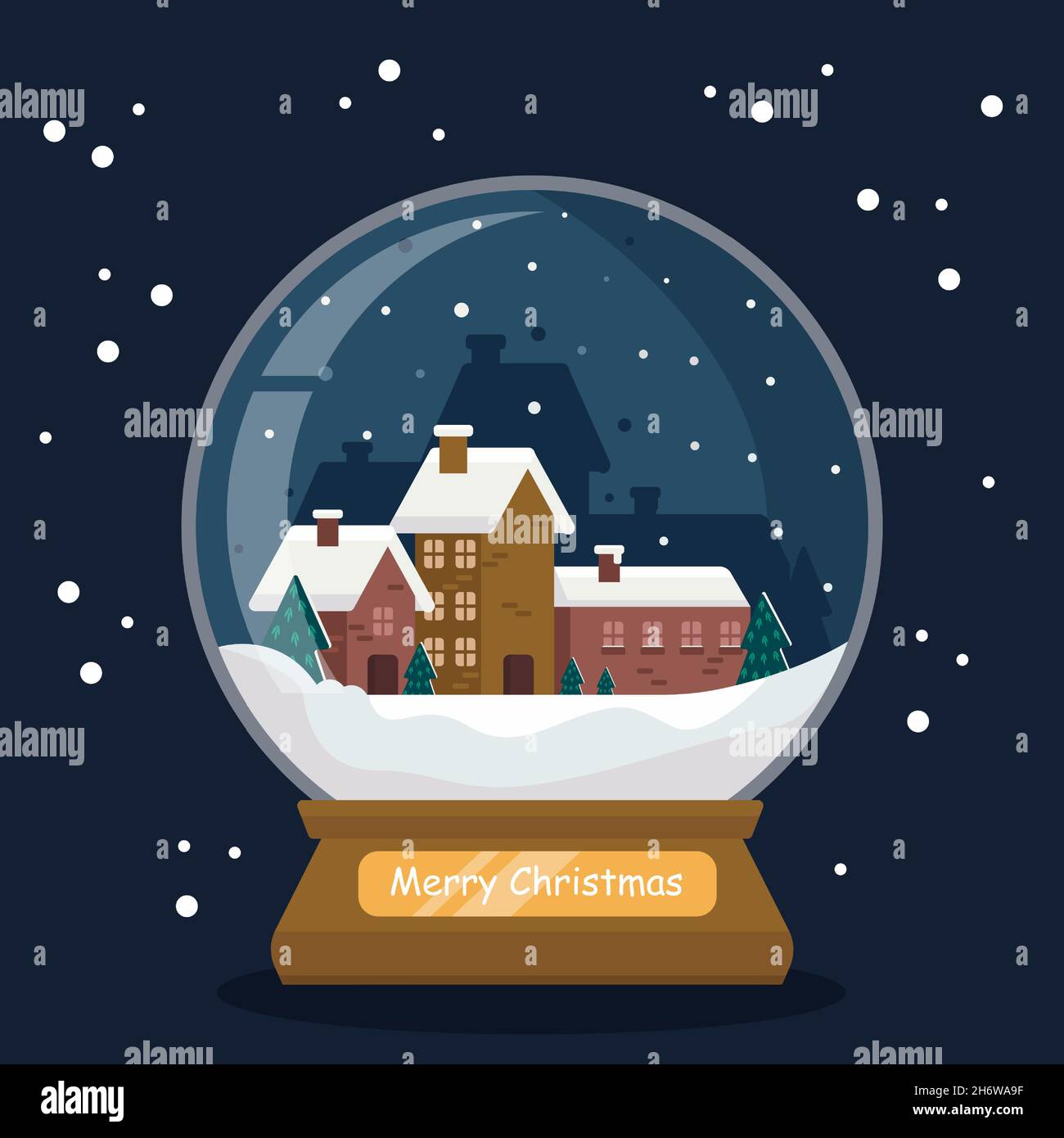 Glass snow globe with the old city. Cozy old town with Christmas trees ...