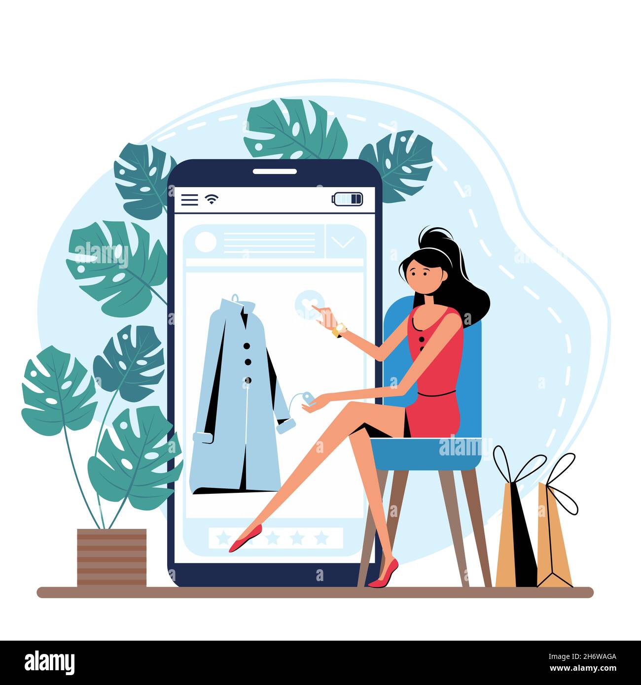 Online shopping concept with phone screen and shopping bags. Woman chooses clothes. Vector illustration in flat style. Stock Vector