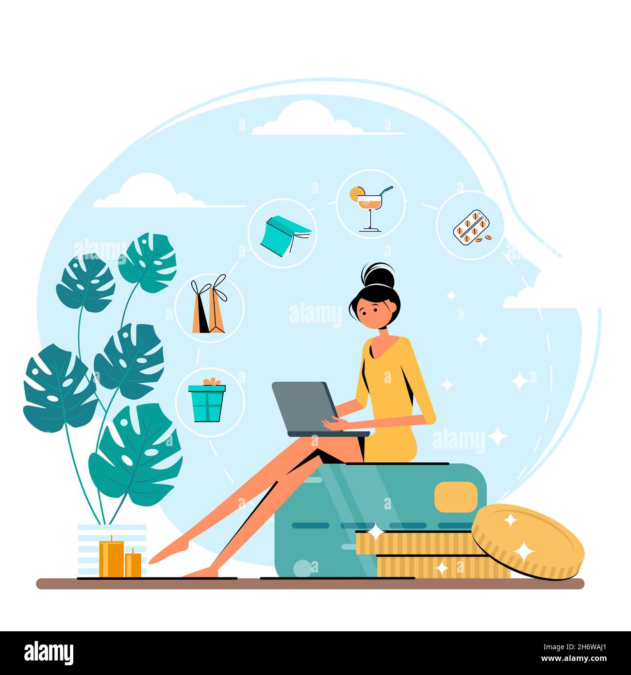 Online shopping concept with woman and credit card. Cute woman sits on a credit card and chooses what to order in a laptop. Vector illustration. Stock Vector