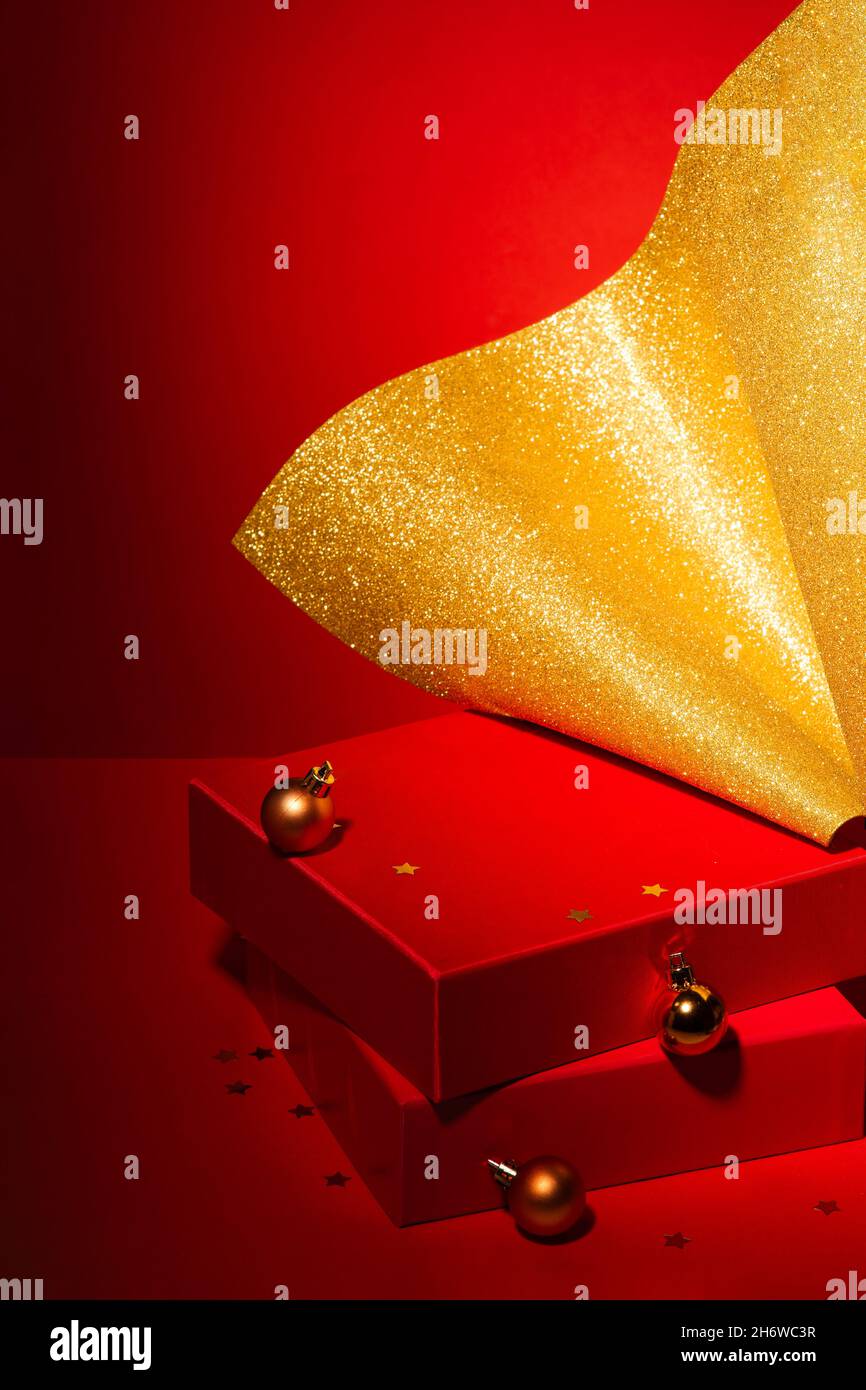 Majestic red podium with gift boxes and gold Christmas decor Red ...