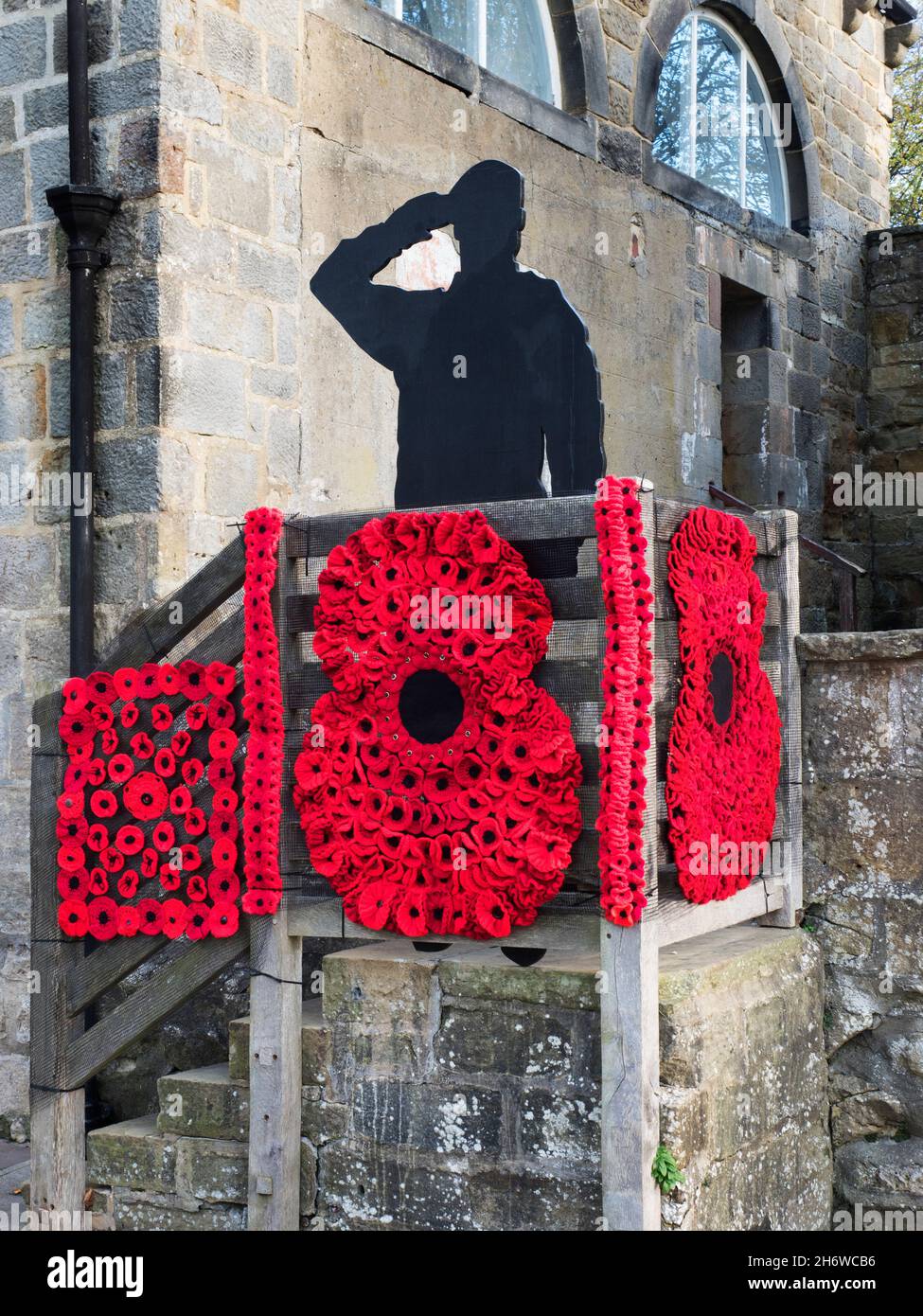 Poppy display marking the 100th anniversary of the Royal British Legion in 2021 at the Castle in  Knaresborough Yorkshire England Stock Photo