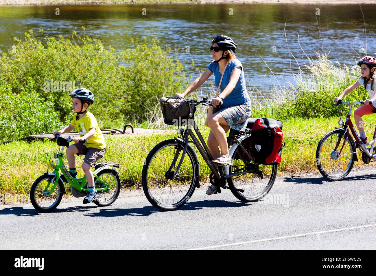 Saxony Germany family cycling on cycle route along Elbe River Stock Photo