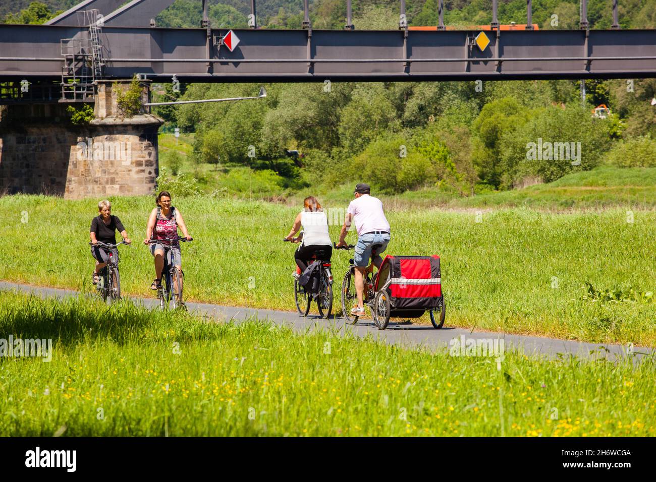 Cyclists ride on a bike path along the Elbe river Germany People on cycle route with bike trailer Stock Photo