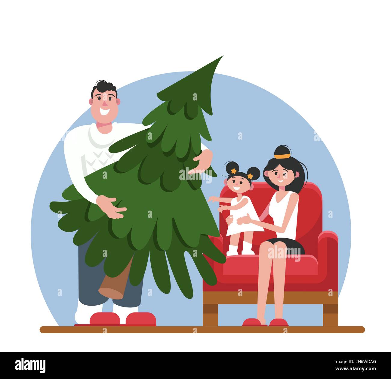 Happy family getting ready for christmas and new year. The father is holding a Christmas tree brought from the forest. Happy daughter and parents. Stock Vector
