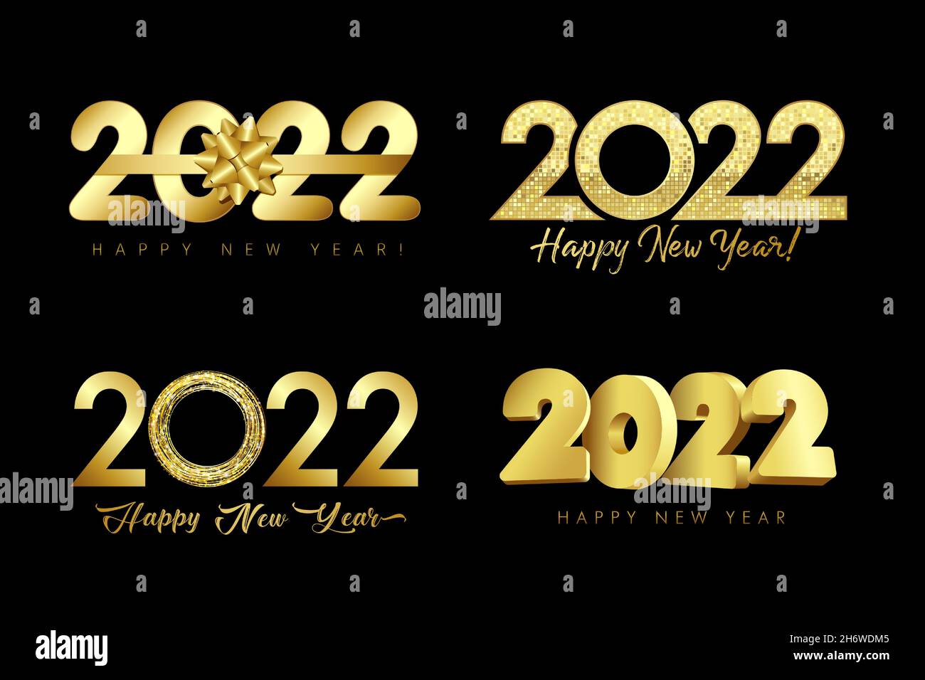 Big Set of 2022 golden logo design elegant bow, ring, mosaic and 3d numbers on black background. Christmas typography with gold color text for banner Stock Vector