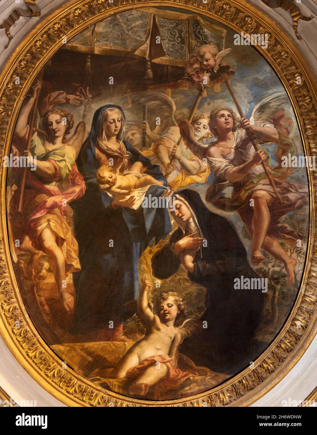 ROME, ITALY - AUGUST 28, 2021: The painting of Madonna and St. Clare of Assisi in the church Chiesa San Paolo alla Regola by Biagio Puccini (1673–1721 Stock Photo