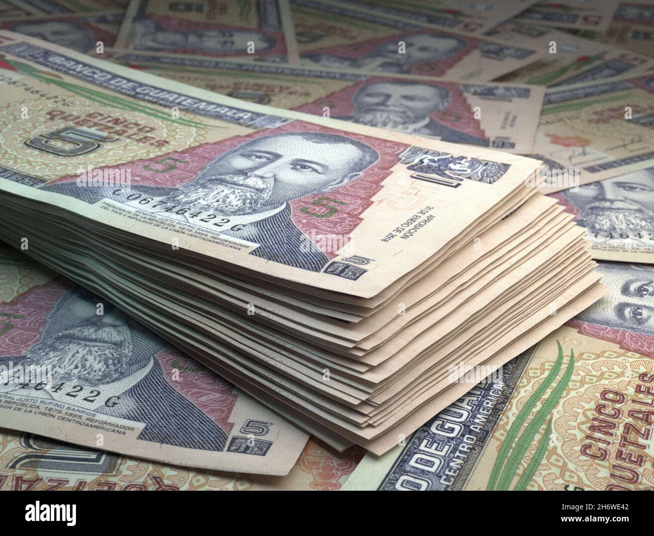 Money of Guatemala. Quetzal bills. GTQ banknotes. 5 Spanish. Business