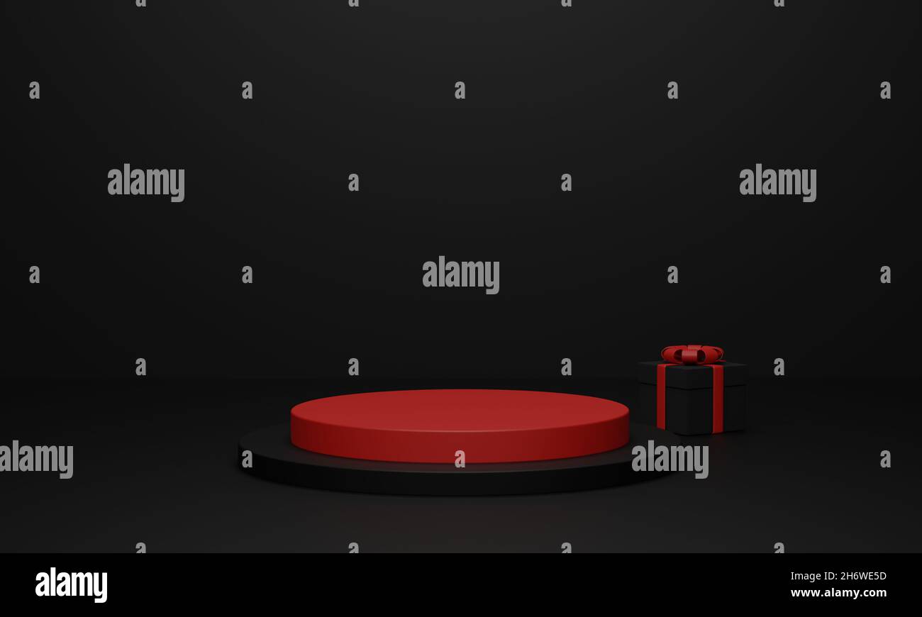 3d render. Red podium and black gift box. Minimal product background ...