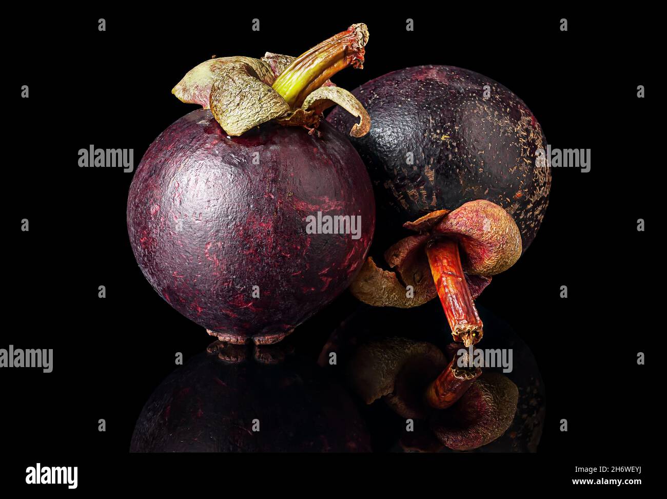 Two ripe mangosteen one after another on a black Stock Photo