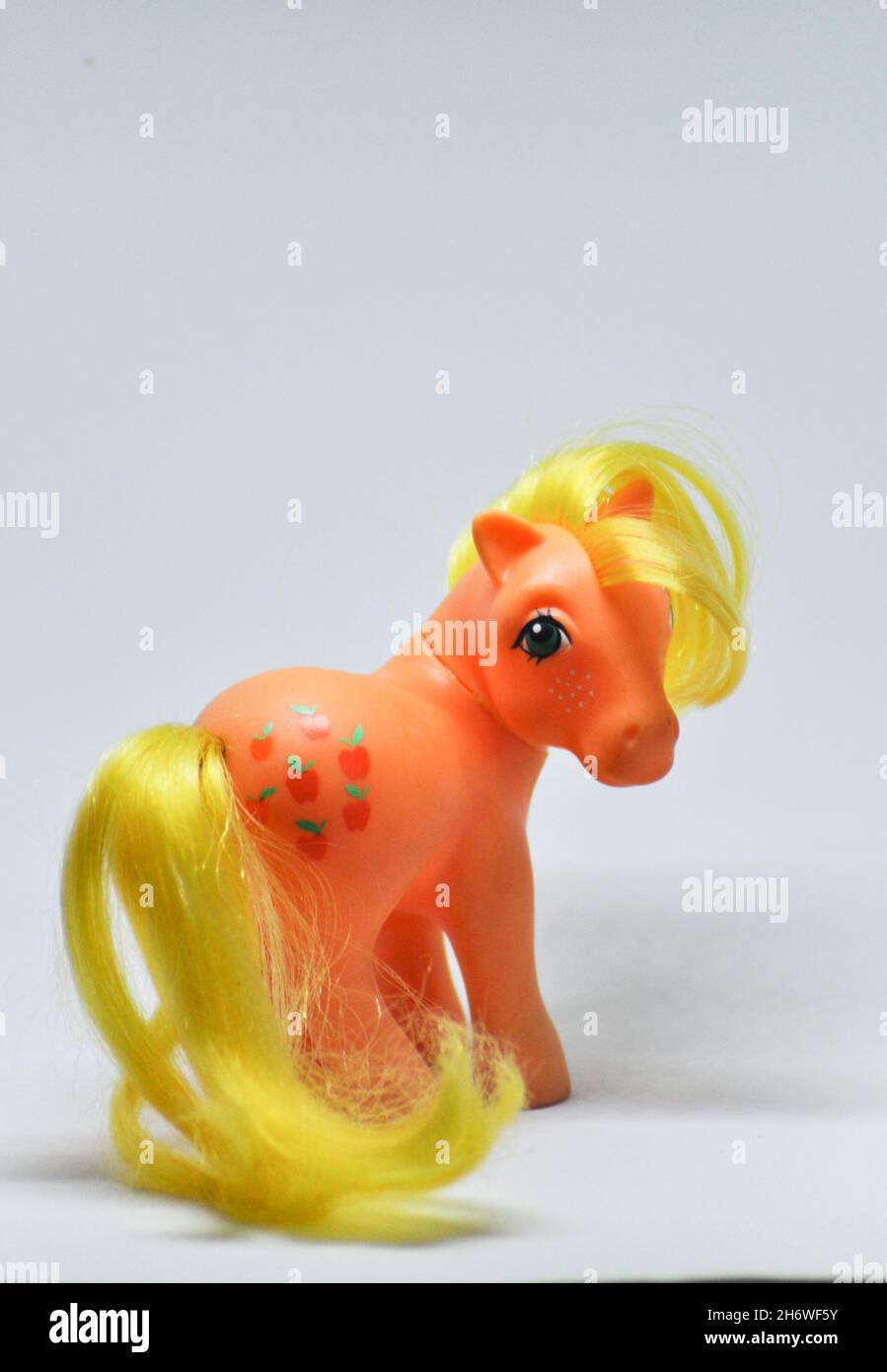 Full body photograph of Apple Jack the pony from the popular 'My Little Pony' series (1984 figurine) Stock Photo