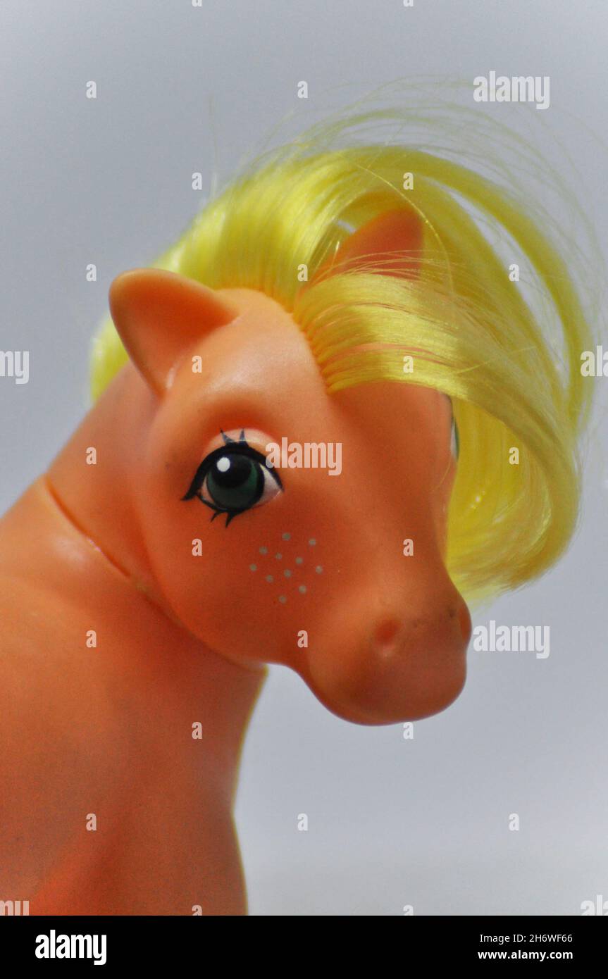 Head portrait of Apple Jack the pony from the popular 'My Little Pony' series (1984 figurine) Stock Photo