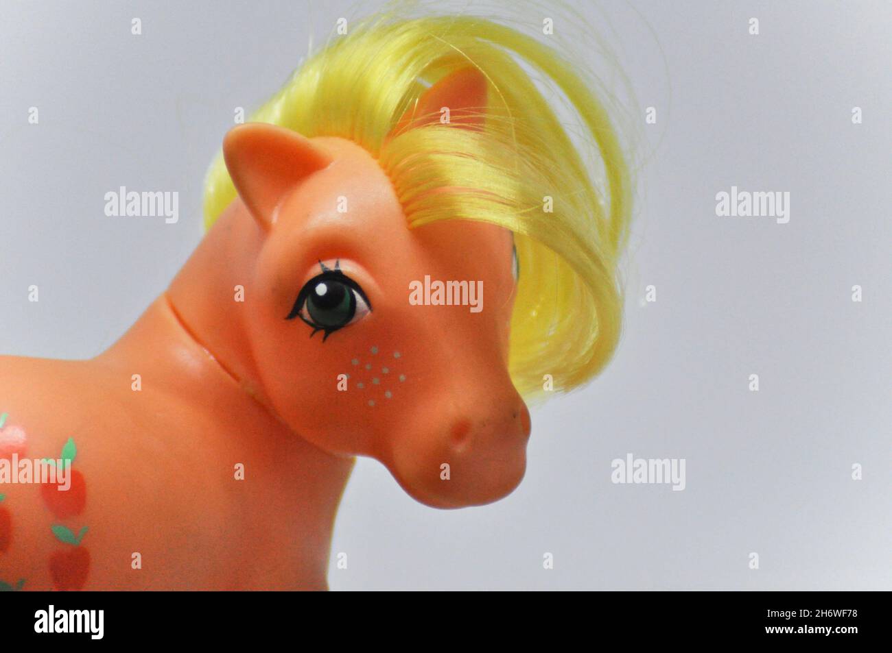 Head portrait of Apple Jack the pony from the popular 'My Little Pony' series (1984 figurine) Stock Photo