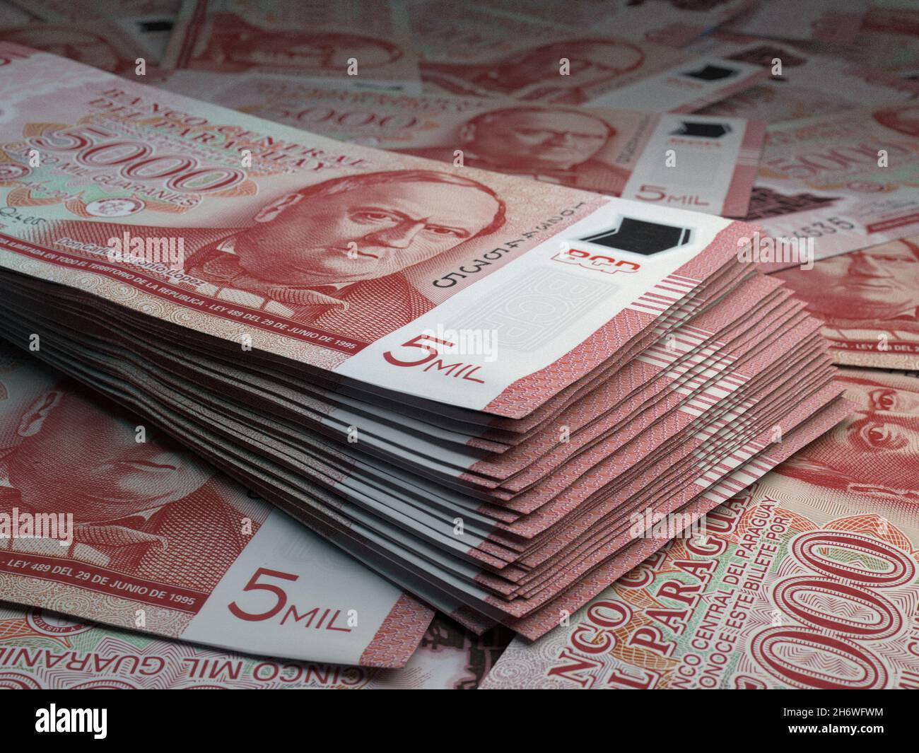 Money of Paraguay. Guarani bills. PYG banknotes. 5000 Spanish. Business