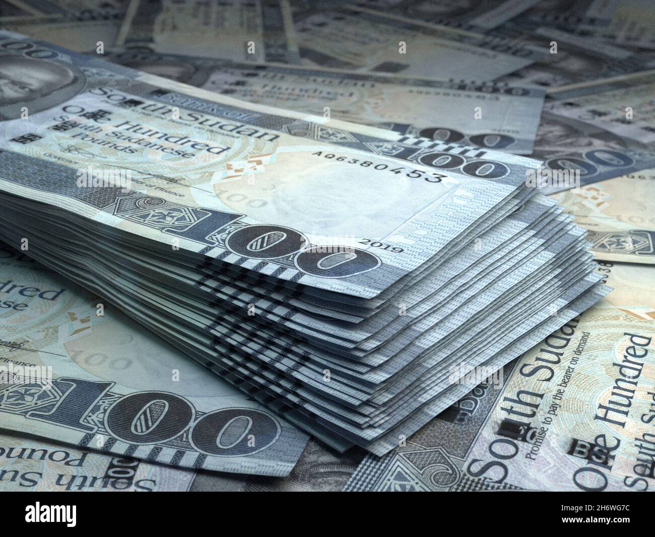 Money of South Sudan. Pound  bills. SSP banknotes. 100 English. Business, finance, news background. 3d illustration. Stock Photo