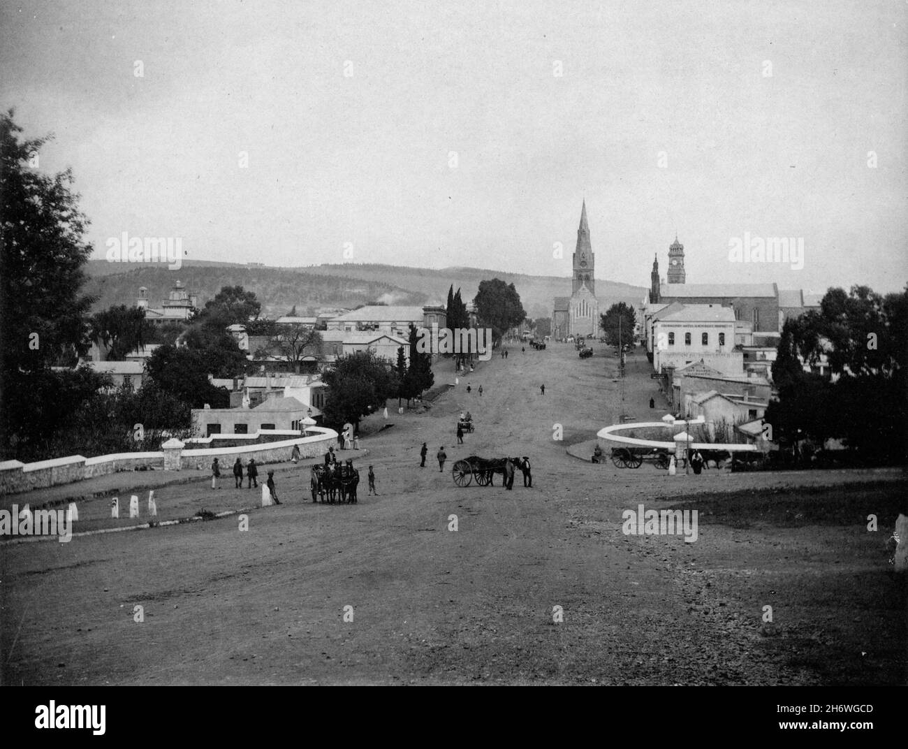 Historic view of High Street, Grahamstown looking from the railway station to th Cathedral of St